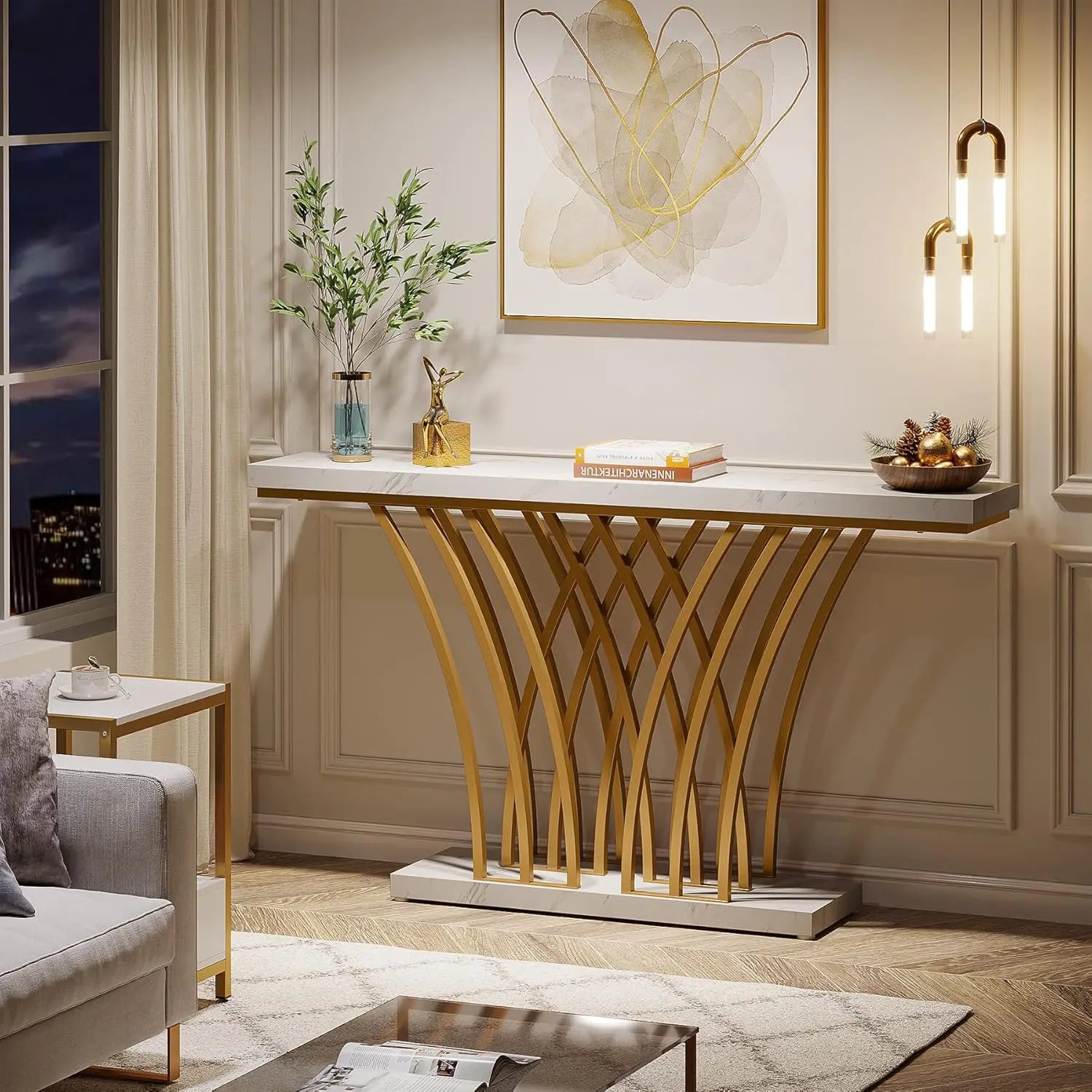 59 inch Gold Console Table, Modern Entryway Table with Grid-Shaped Metal Base for Entrance, Hallway, Entryway, Living Room - Uknowucme