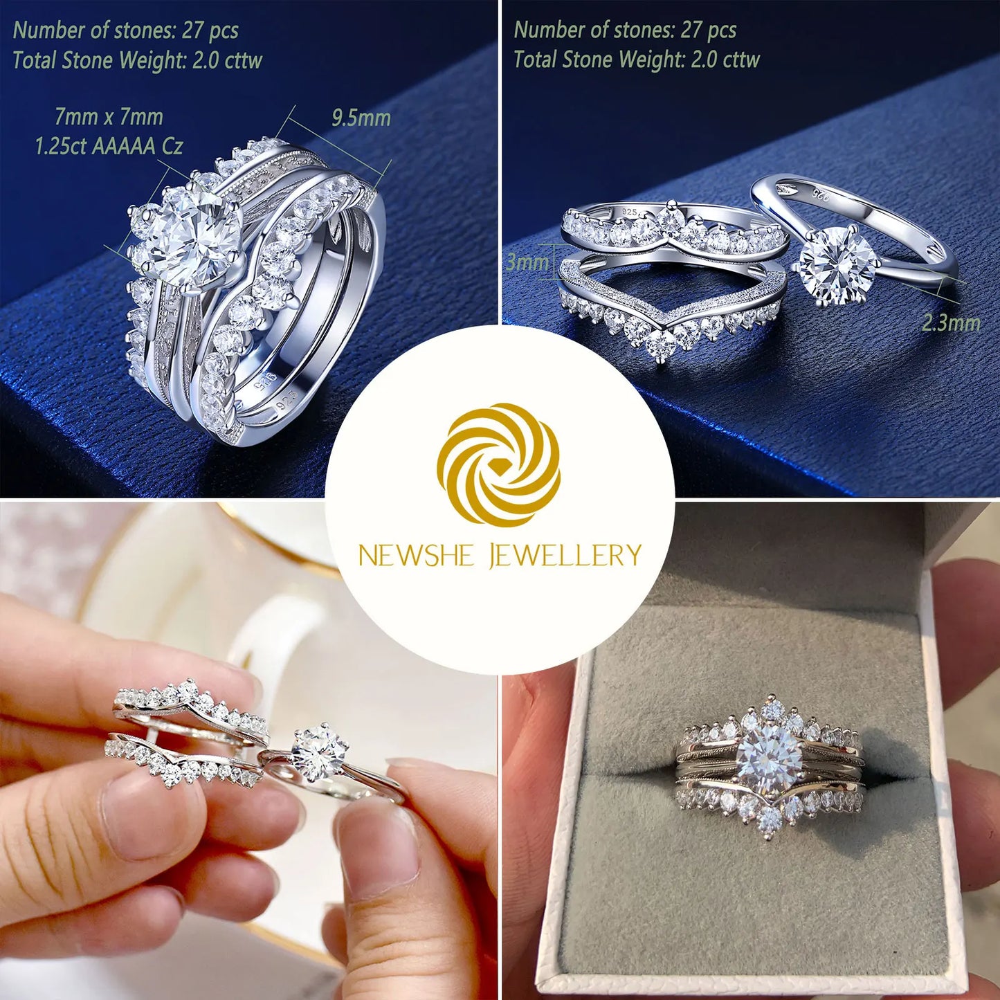 Newshe Luxury Solid 925 Sterling Silver Wedding Engagement Rings for Women High Grade Cubic Zircon Guard Band BR1167 - Uknowucme