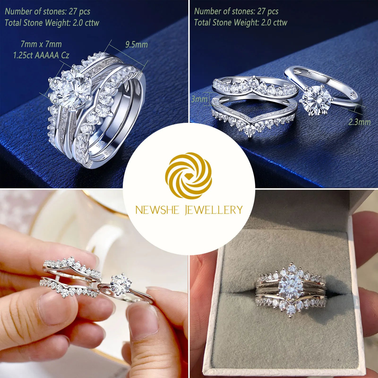 Newshe Luxury Solid 925 Sterling Silver Wedding Engagement Rings for Women High Grade Cubic Zircon Guard Band BR1167 - Uknowucme