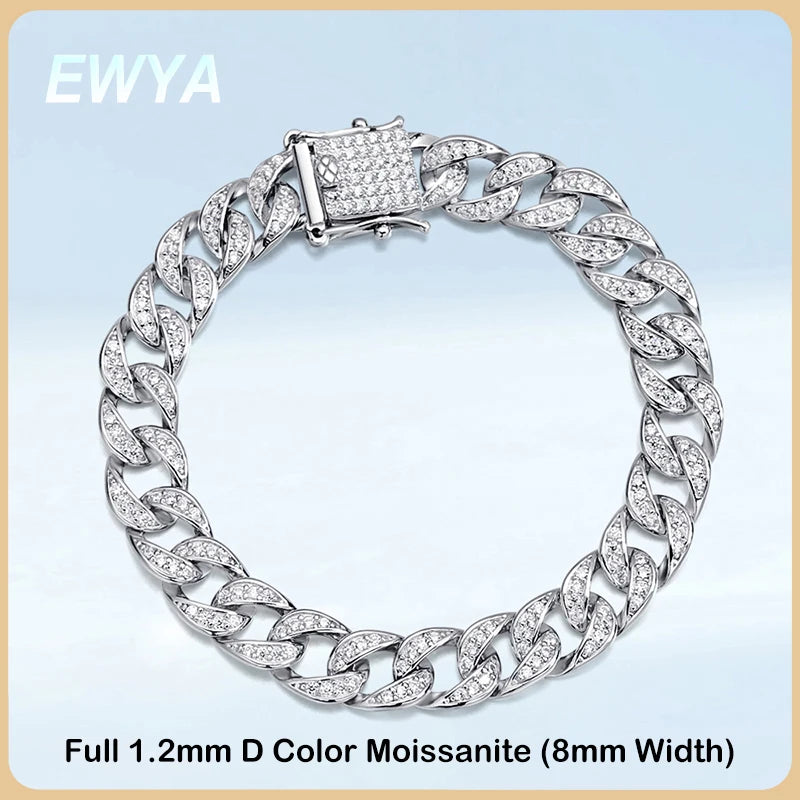 EWYA Full 1.2mm D Color Moissanite Cuban Chain Bracelet For Men Women S925 Silver Pass Diamond Test 8mm Wide Link Bracelets Gift - Uknowucme