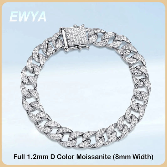 EWYA Full 1.2mm D Color Moissanite Cuban Chain Bracelet For Men Women S925 Silver Pass Diamond Test 8mm Wide Link Bracelets Gift - Uknowucme
