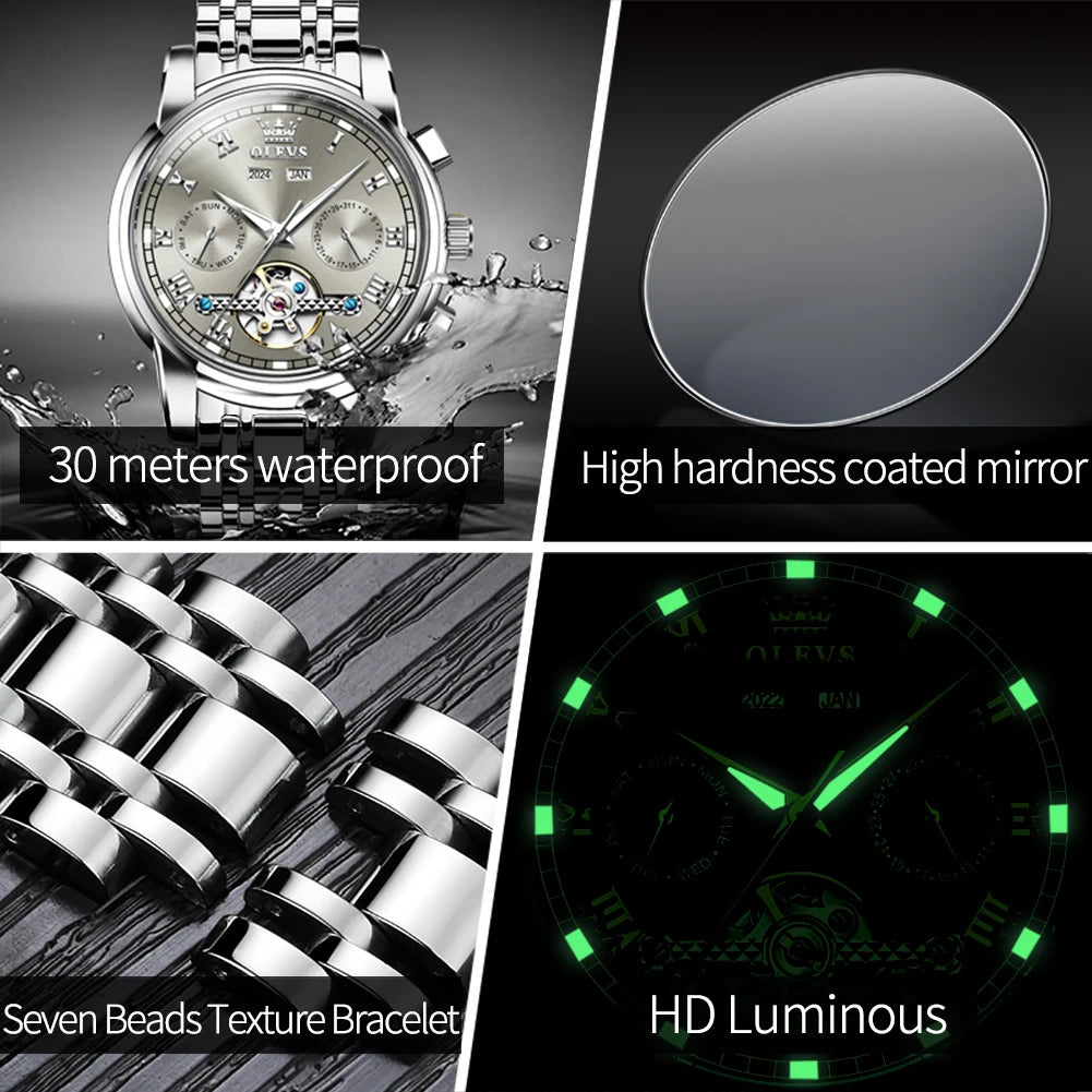 OLEVS Brand Automatic Mechanical Men Watches Waterproof Stainless Steel Strap Watch for Man Skeleton Calendar Hollow out Design - Uknowucme