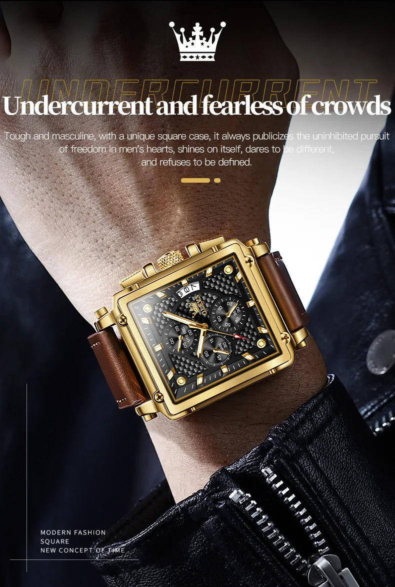 OLEVS Brand 9925 Men's Watches Gold Square Dial Quartz Male Watch Original Leather Strap Fashion Watch 30m Waterproof Top Ten - Uknowucme