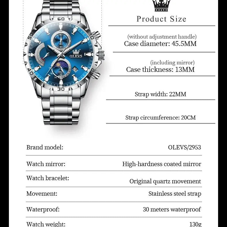 OLEVS 2953 Exclusive Design Men's Watches Full Stainless steel Moon Phase Waterproof Chronograph Quartz Watch for Men Genuine - Uknowucme