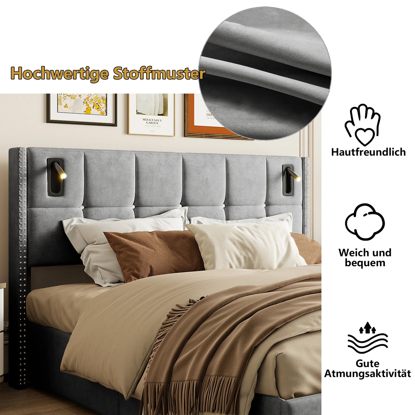Double Bed 160x200cm, Upholstered Bed with USB & Reading Lamps, Bed Box, Storage Beds Bed Frame Velvet, Youth Bed with Headboard
