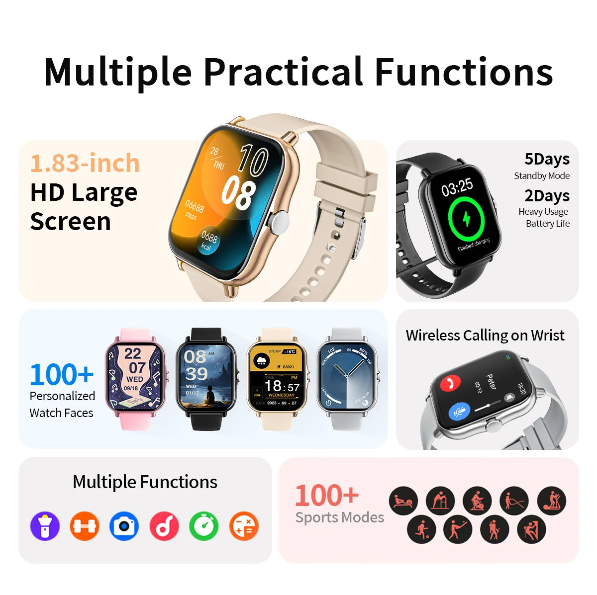 New Smartwatch 1.83'' HD Screen BT Call Health&Sleep Monitoring Kids Smart Watch Waterproof Fashoin Sport Bracelet For Women Men