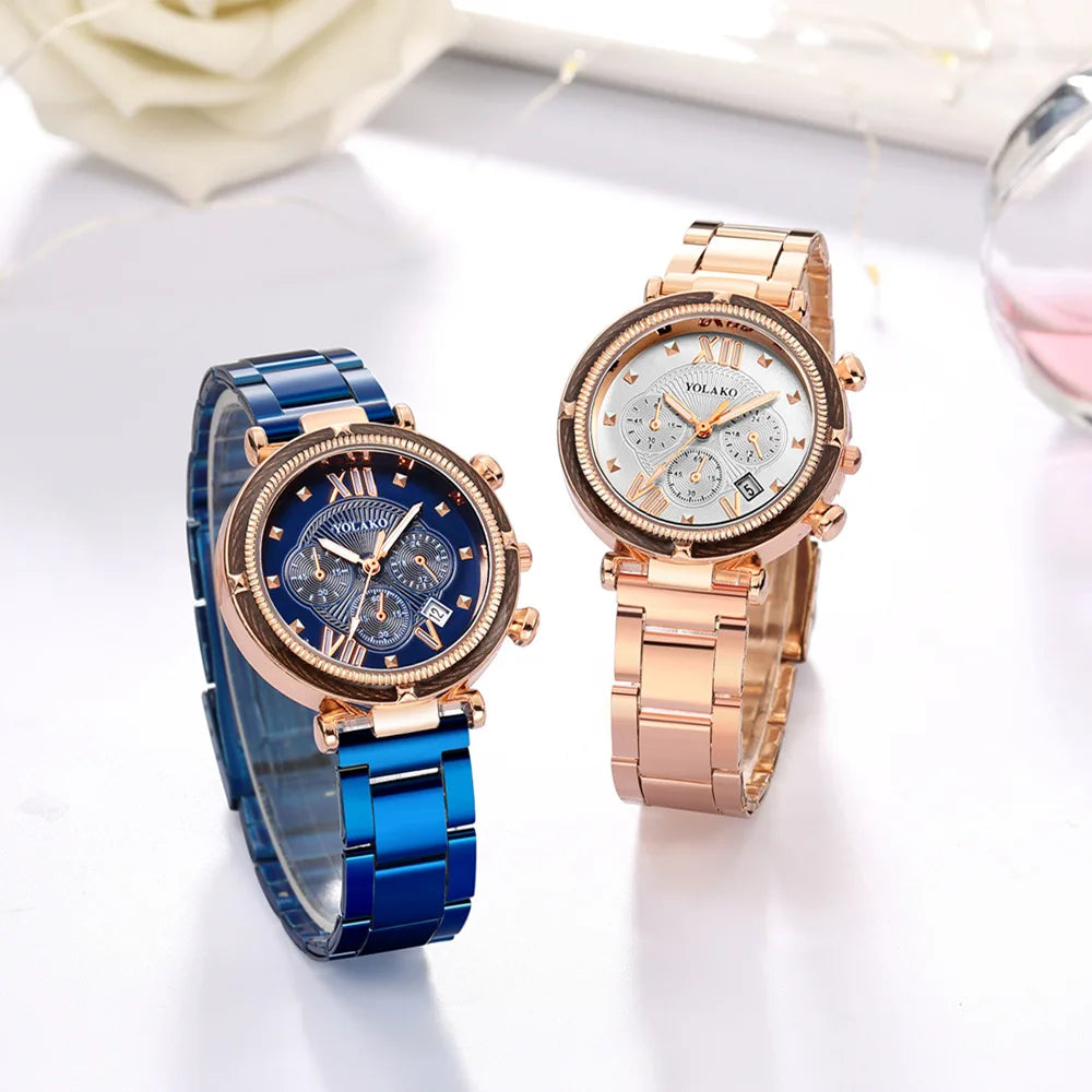 Fashion 5pcs Watch Set Women Blue Watches Women Stainless Steel Auto Date Quartz Wristwatches Montre Pour Femme Reloj Mujer 2022 - Uknowucme