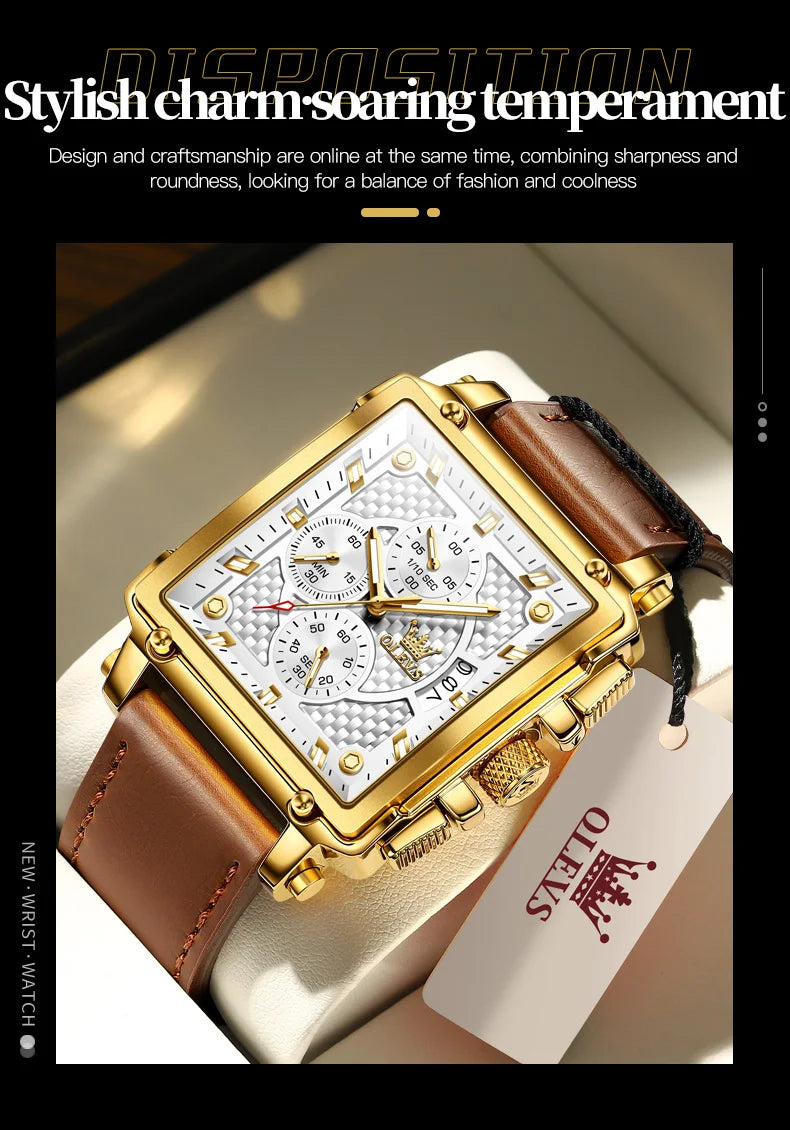 OLEVS Brand 9925 Men's Watches Gold Square Dial Quartz Male Watch Original Leather Strap Fashion Watch 30m Waterproof Top Ten - Uknowucme