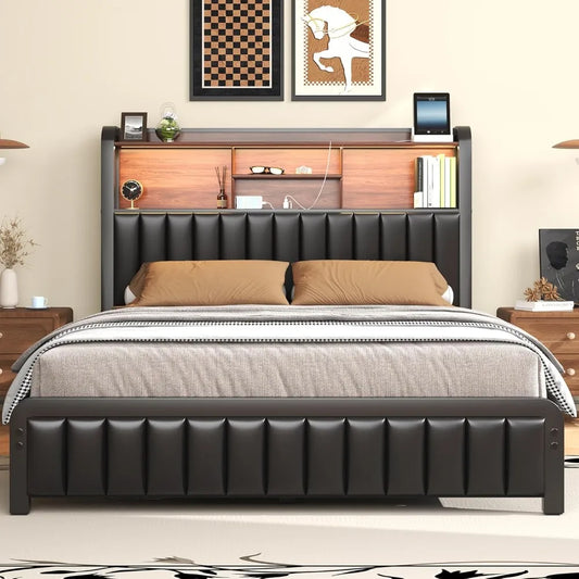 Full Bed Frame 54.3" Tall with 3-Tier Storage Headboard and PU Leather, Metal Platform Bed Frame with LED Lights and Charging - Uknowucme