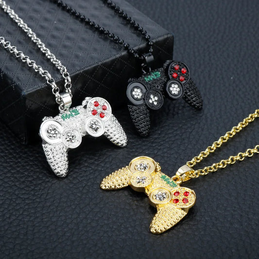 Hip-Hop Jewelry Game Console Handle Necklace Pendant Gold Color Chain Rhinestone Necklace Charms for Children Boys Gifts - Uknowucme