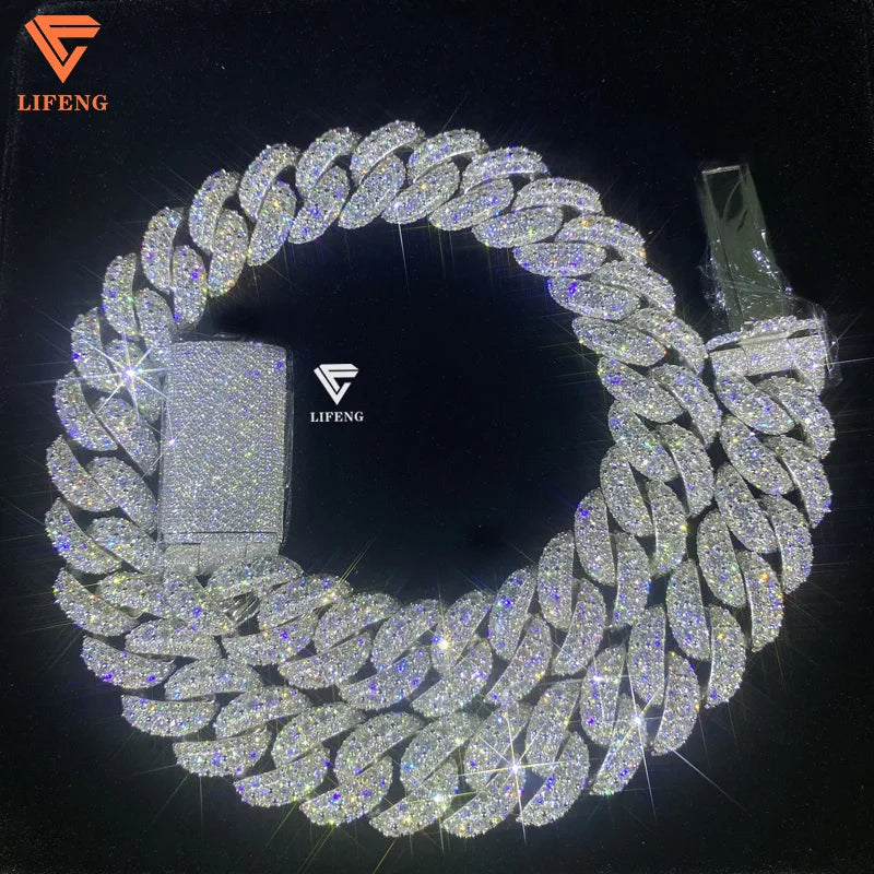 Lifeng Jewelry 20MM Honeycomb set VVS1 Moissanite Cuban Link Chain Necklace Bust Down Solid Silver White gold plated Miami Chain