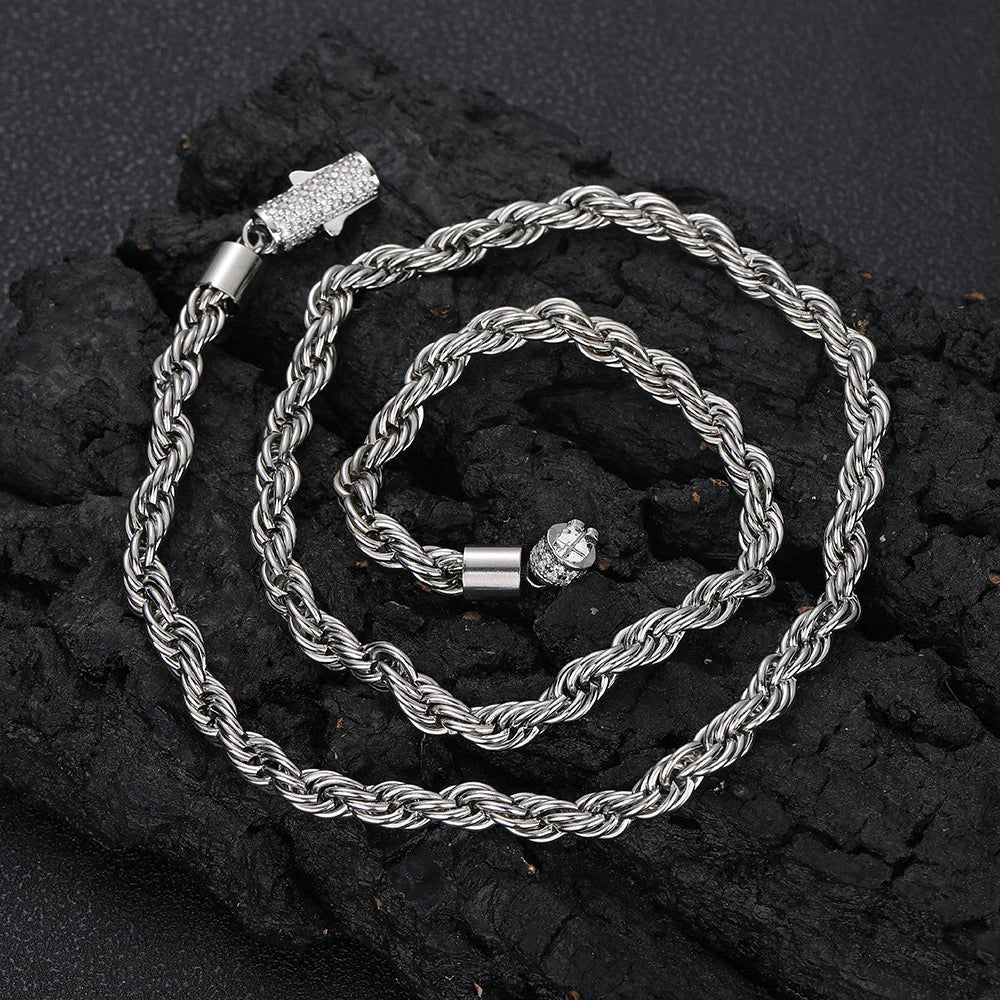 New Style 6mm Iced Out Clasp Rope Chain Stainless Steel Twist Rope Chain Necklace Jewelry For Women Drop Shipping - Uknowucme