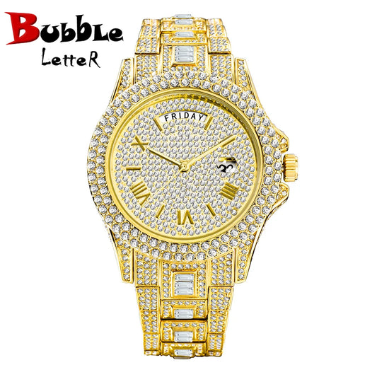 Bubble Letter DAY DATE ROMAN NUMERALS VVS Man ICED OUT WATCH Relogio Masculio - Uknowucme