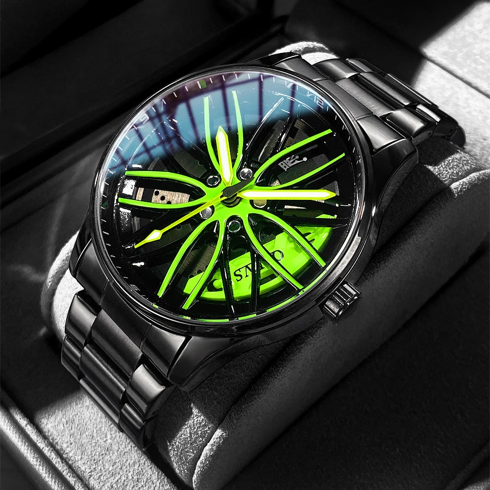 OLEVS Wheel Hub Men's Watches Trend Fashion Quartz Wristwatch Original Movement Waterproof Steel Luminous 3D Hollow Rotary Dial - Uknowucme