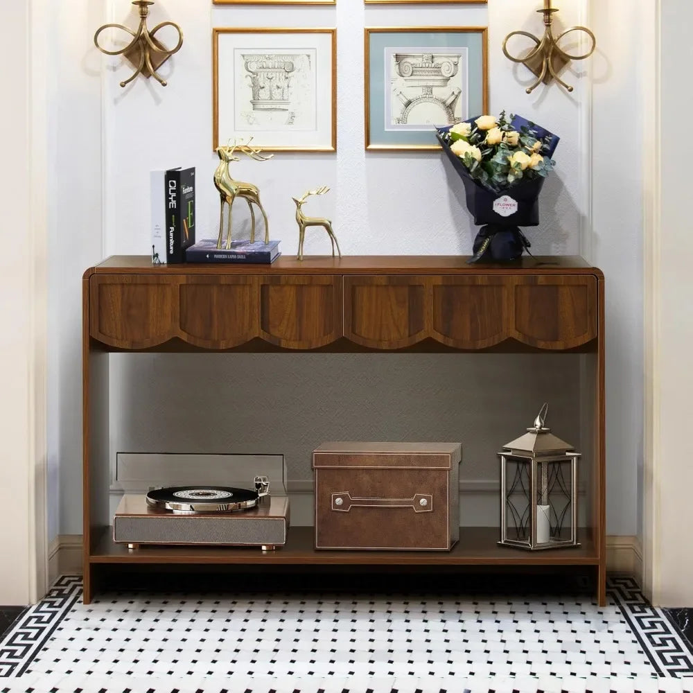 Console Table with Drawers, Mid-Century 43 Inches Narrow Entryway Tables with Open Storage Shelves, Hallway Accent Tables