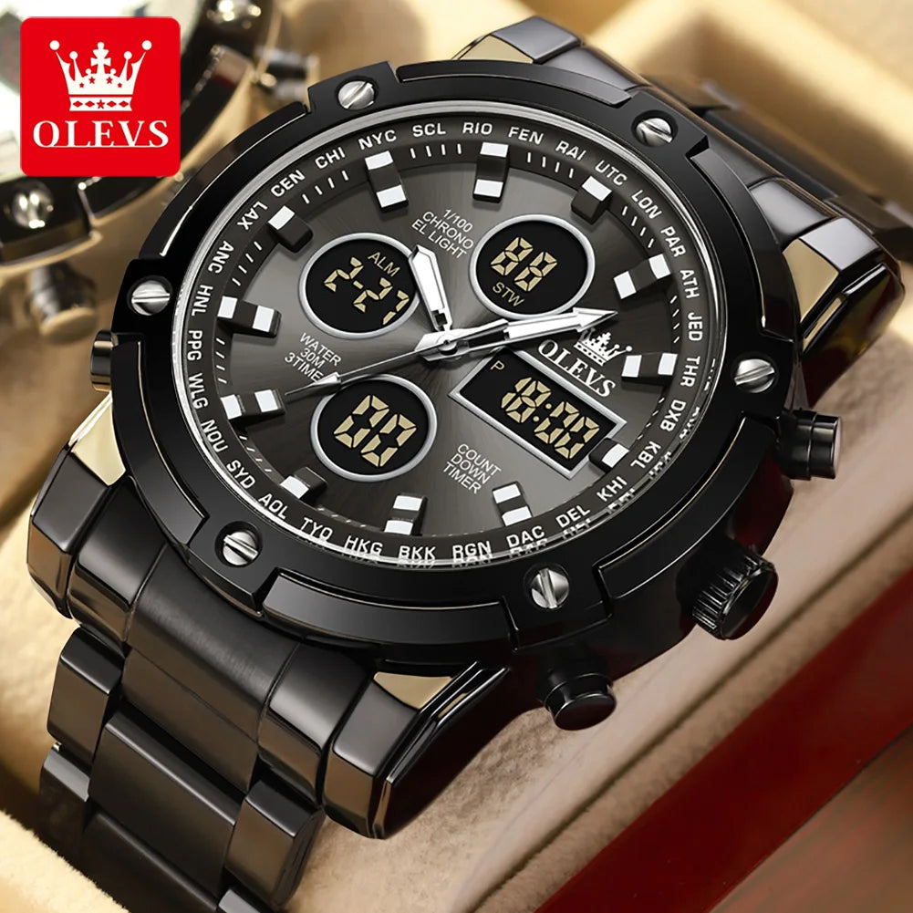 OLEVS Original Brand Men's Watches Waterproof Trendy Electronic Watch Multifunctional LED Luminous Fashion Stainless Steel - Uknowucme