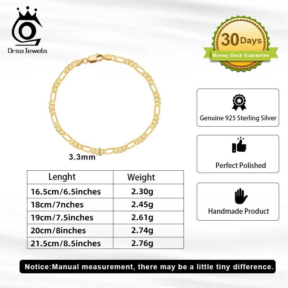 ORSA JEWELS Real 925 Sterling Silver Figaro Bracelets for Women 14K Gold Plated 3.3mm Figaro Link Chain Bracelets Jewelry SB66 - Uknowucme