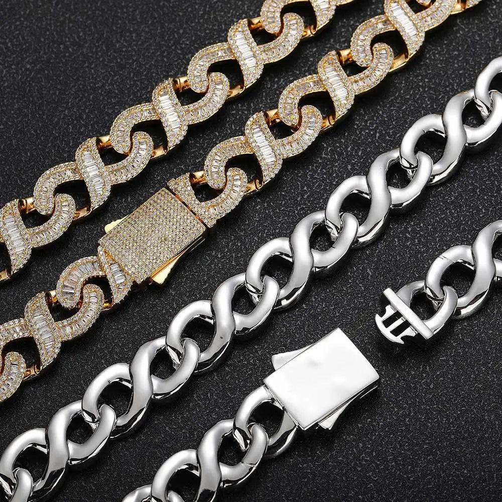 Hip Hop Jewelry 15MM Gold Filled Diamond Infinity Link Bracelet Necklace Iced Out CZ Baguette & Round Infinity Cuban Necklace