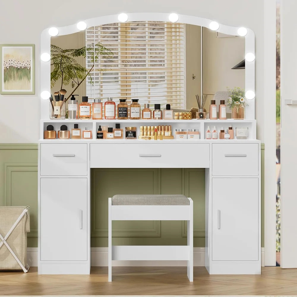 Vanity with Mirror and Light, Dressing Table Set with 3 Drawers, 2 Cabinets and 10 LED Bulbs Dresser