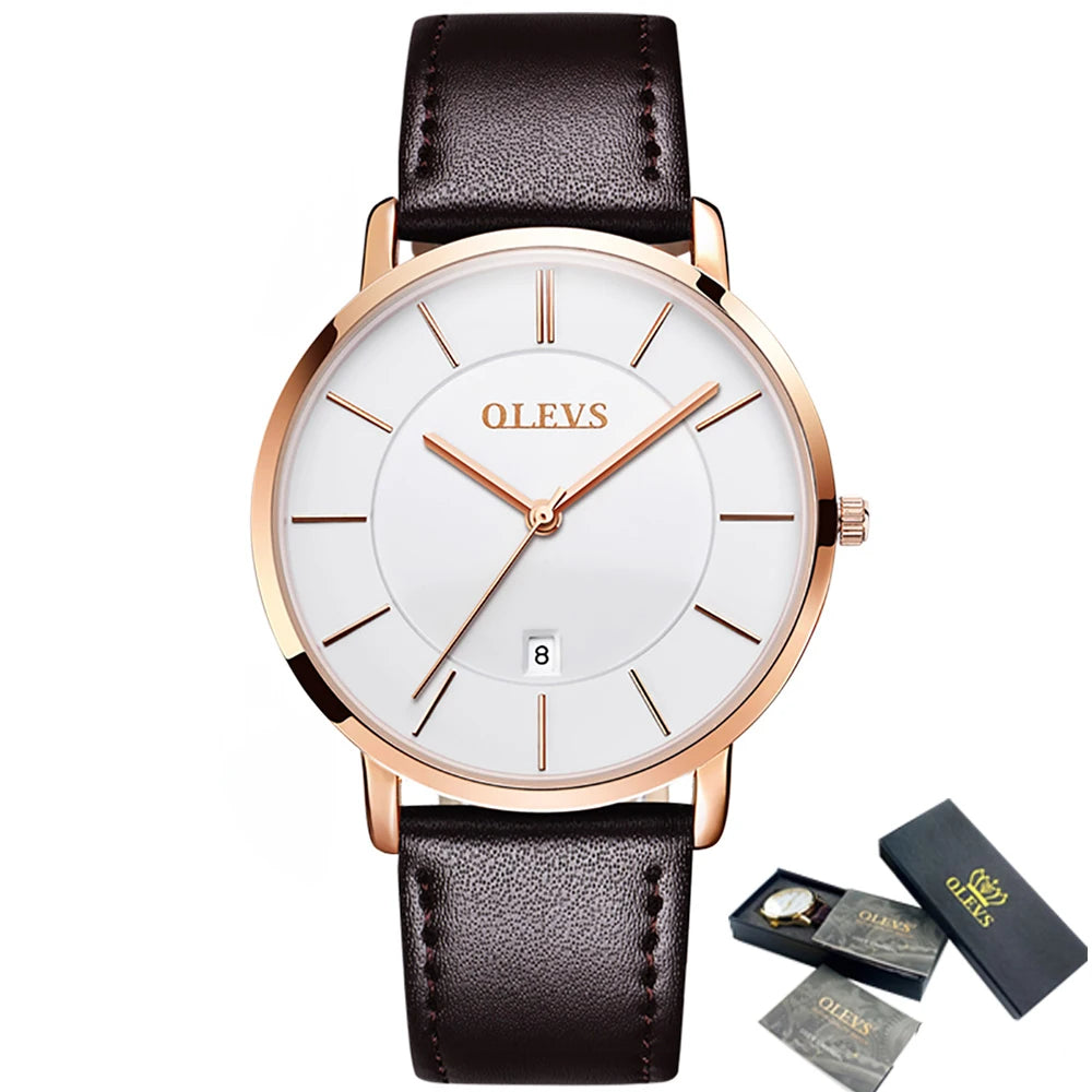 New In OLEVS Quartz Watch for Men Ultra Thin 6.5mm Minimalist Waterproof Date Bussiness Watch Fashion Leather Strap Men's Watch - Uknowucme
