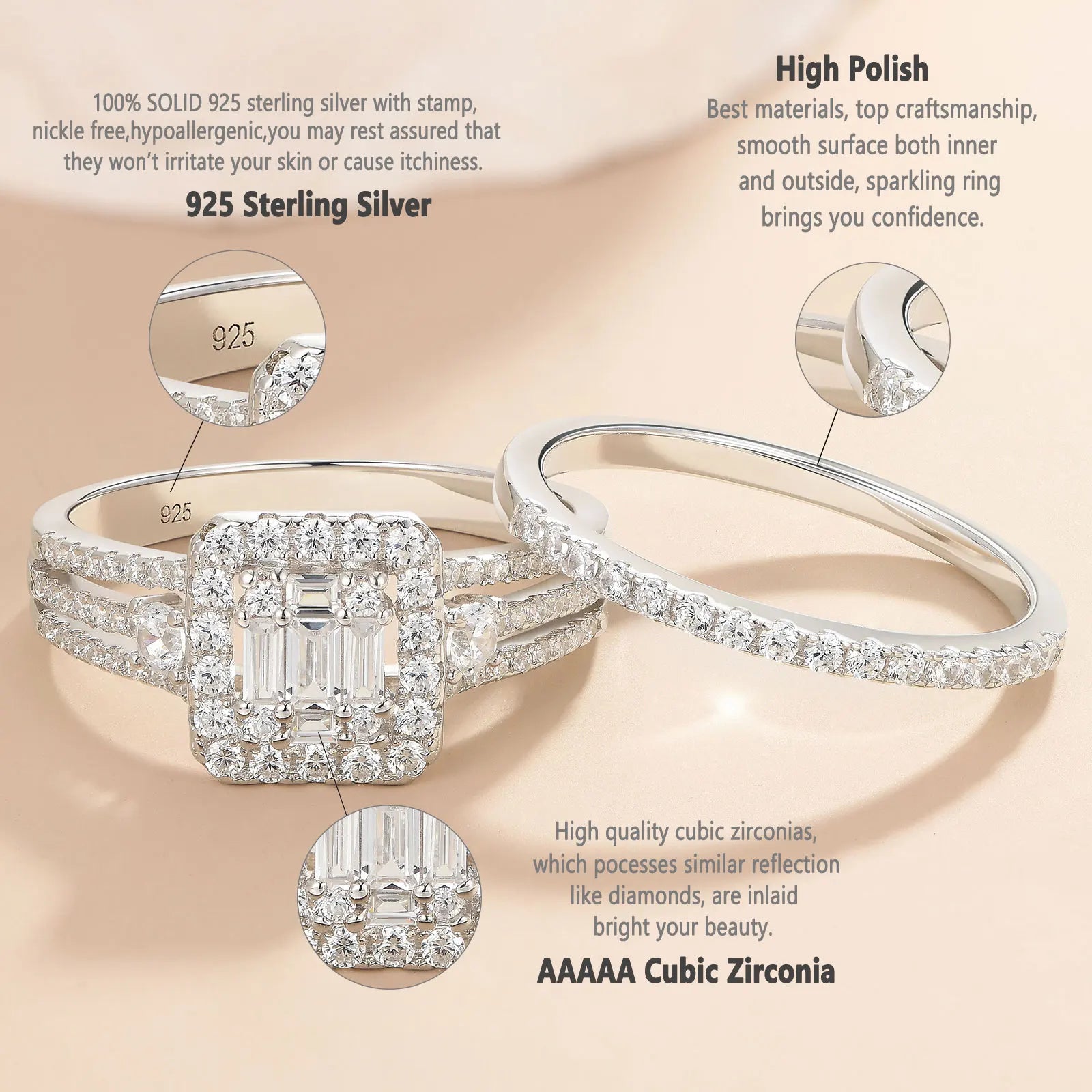Newshe 925 Sterling Silver Original Wedding Rings for Women Emerald Cut Cubic Zirconia Bridal Set Engagement Band Fine Jewelry - Uknowucme