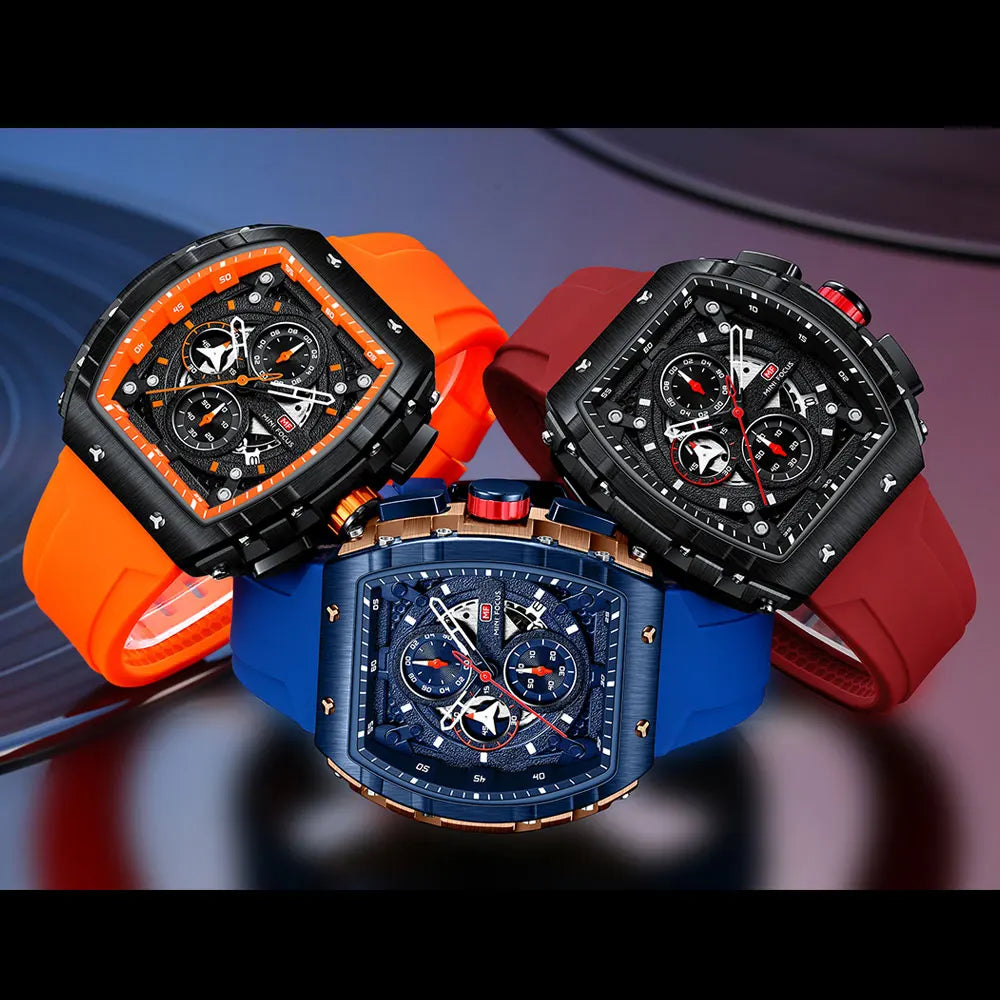 MINI FOCUS Chronograph Quartz Watch for Men Tonneau Dial Military Sport Wristwatch with Orange Silicone Strap Auto Date 0399 - Uknowucme
