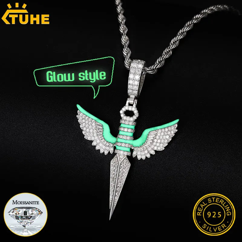 Classic Angel Wings Glow Style Pendant S925 For Men Necklace Cuban Chain With Moissanite Pendant Hip Hop Jewelry Gift - Uknowucme