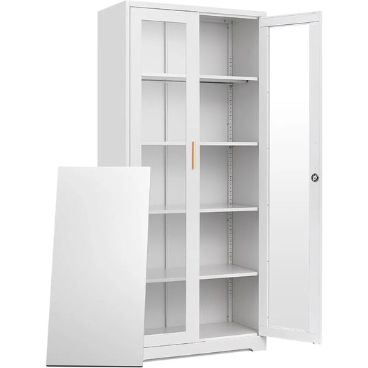 Glass Display Cabinet with Doors - White Metal Curio Cabinet with Lock Collectibles Storage Cabinet - Uknowucme