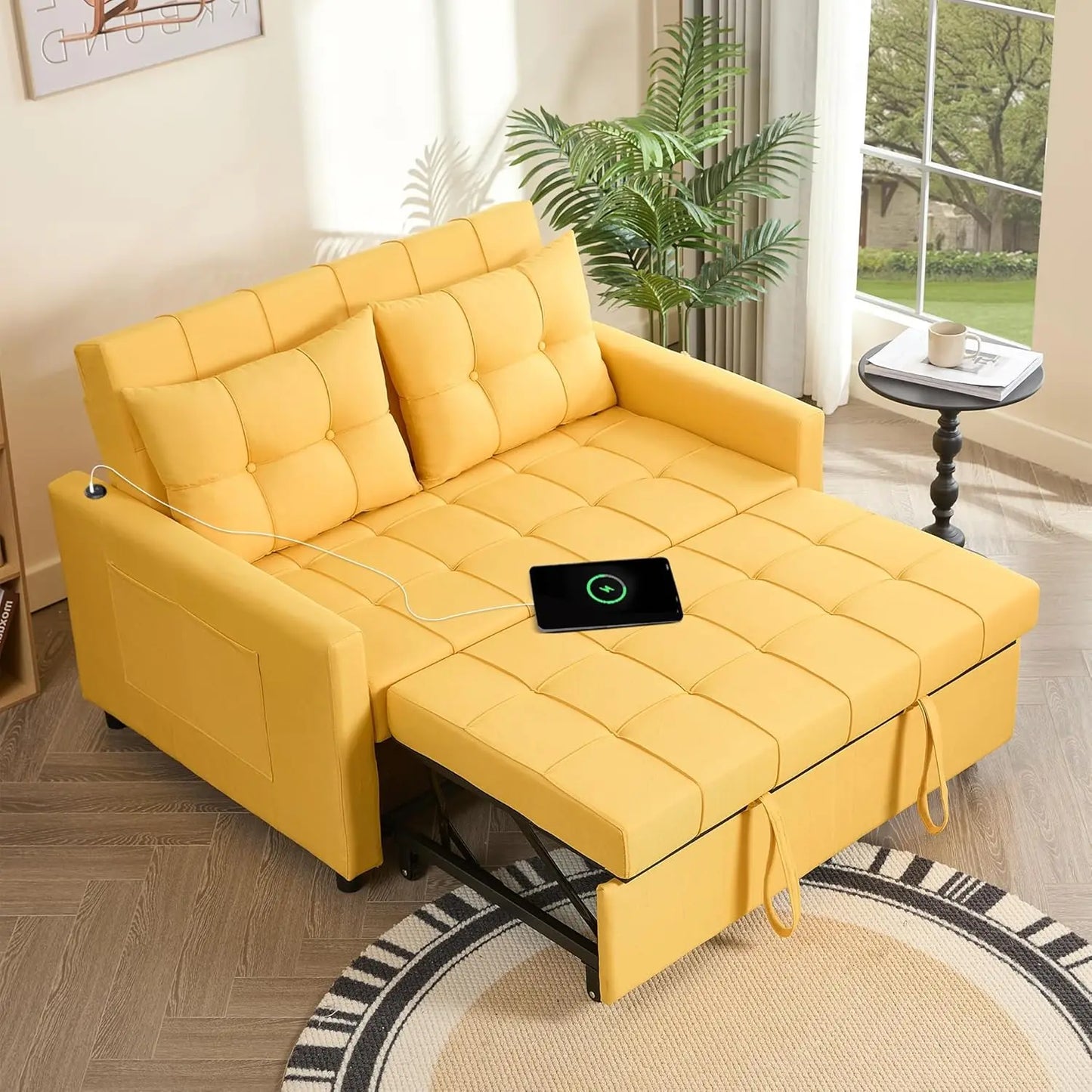 52" Sleeper Sofa with Pull-Out Bed, 3-in-1 Convertible Sofa Bed, Loveseat with Stepless Adjustable Backrest and Side Pocket - Uknowucme