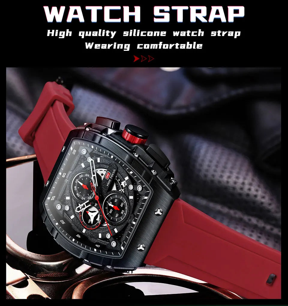 MINI FOCUS Chronograph Quartz Watch for Men Tonneau Dial Military Sport Wristwatch with Orange Silicone Strap Auto Date 0399 - Uknowucme