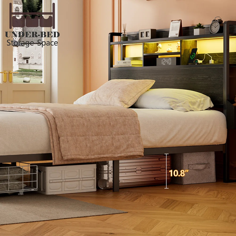 Full/Queen Size Bed Frame with Storage Headboard, Metal Platform Bed Frame with Storage Drawers, LED Lights and Charging Station - Uknowucme