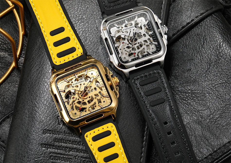 FORSINING Original Square Skeleton Mechanical Man Wristwatches Automatic Movement Field Sports Waterproof Silicone Replica Watch - Uknowucme