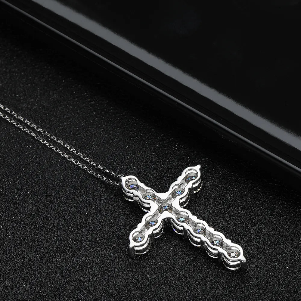 KNOBSPIN Full Moissanite Cross Pendant Necklace Original 925 Sterling Sliver Chain Plated 18k White Gold Fine Necklace for Women - Uknowucme