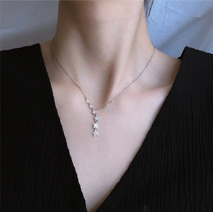Fashion Pentagram Star 925 Sterling Silver Crystal Clavicle Chain Necklaces  XL065 - Uknowucme