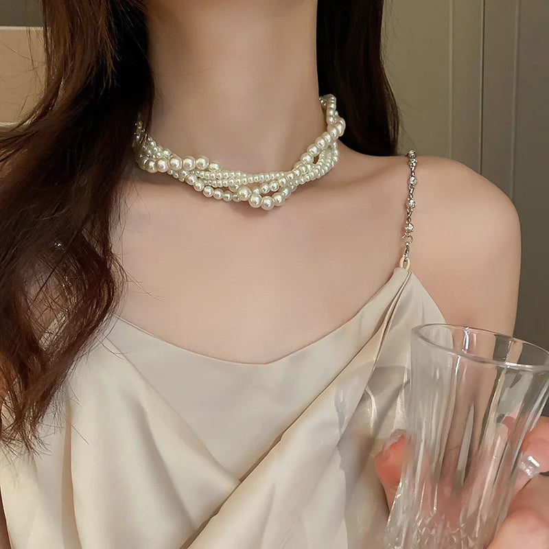 FYUAN Korean Style Twining Pearl Choker Necklaces for Women Geometric Necklaces Weddings Bride Jewelry Accessories - Uknowucme