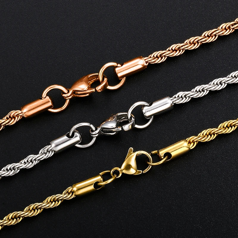 3mm Cuban Chain Rope Chain Stainless Steel Classical  Necklace Mens Women Chains Around The Neck Gold Silver Color Necklace