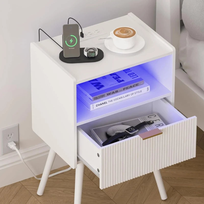 Nightstand Modern Bedside Table Charging Station And LED Lights Night Stand Storage Drawer Solid Wood Legs Organizer Vanity